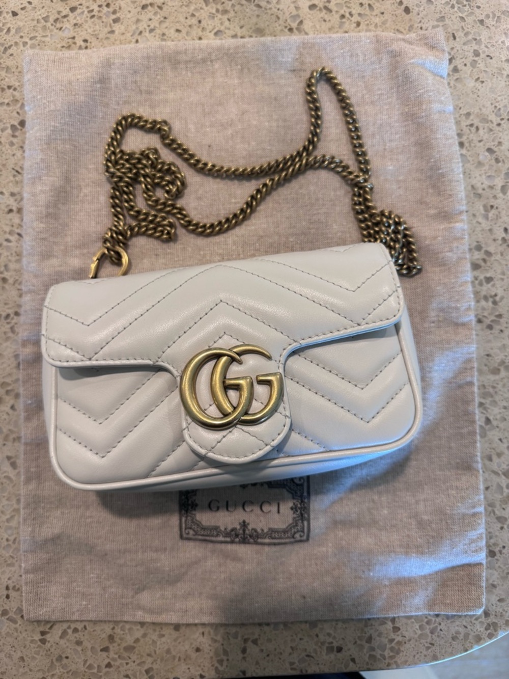 Gucci Cream GG Marmont Chevron super Mini Shoulder Bag with Gold Hardware - Picture 5 of 12